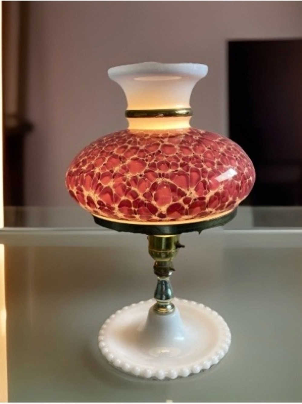 Pretty Gone With The Wind  Hurricane Hobnail Lamp w/ Glass Cranberry shade. EUC